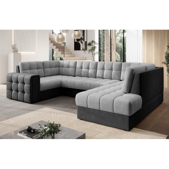 Canapé d’angle convertible MONTEZA noir et gris 299 cm avec coffre et couchage 