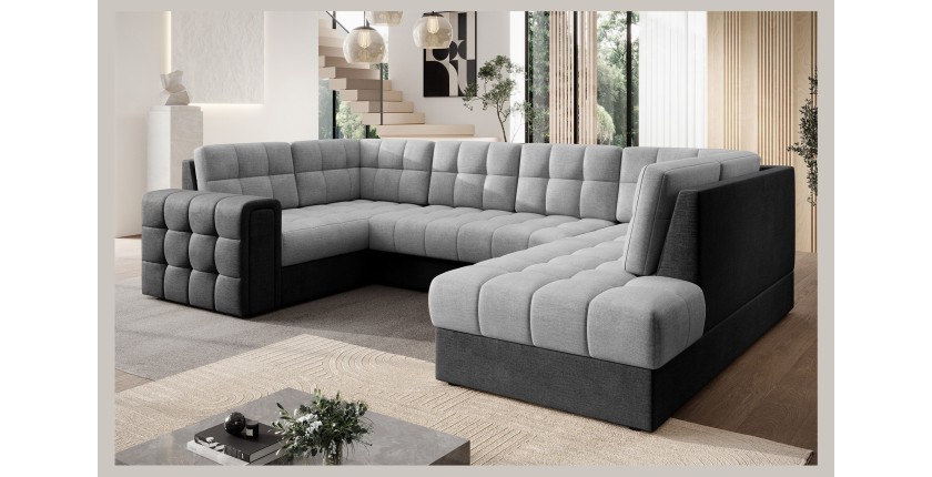 Canapé d’angle convertible MONTEZA noir et gris 299 cm avec coffre et couchage 