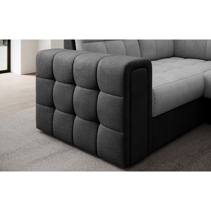 Canapé d’angle convertible MONTEZA noir et gris 299 cm avec coffre et couchage 