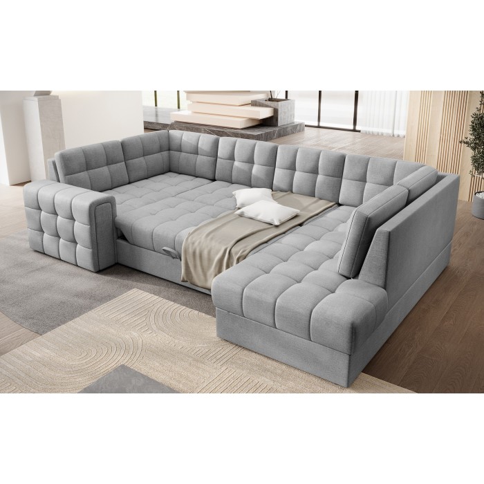 Canapé d’angle convertible MONTEZA gris 299 cm avec coffre et couchage 