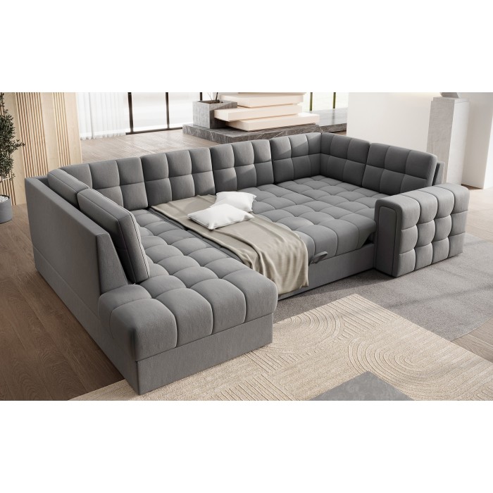 Canapé d’angle convertible MONTEZA gris gauche 299 cm avec coffre et couchage 