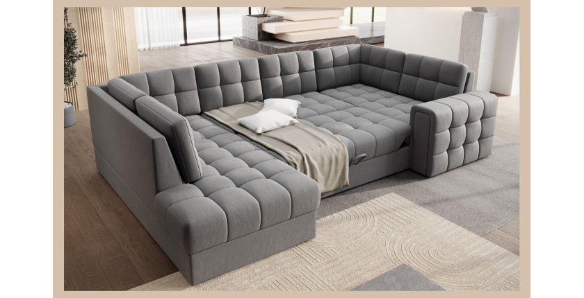 Canapé d’angle convertible MONTEZA gris gauche 299 cm avec coffre et couchage 