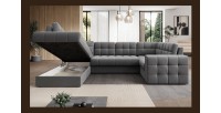 Canapé d’angle convertible MONTEZA gris gauche 299 cm avec coffre et couchage 