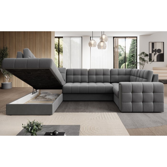 Canapé d’angle convertible MONTEZA gris gauche 299 cm avec coffre et couchage 