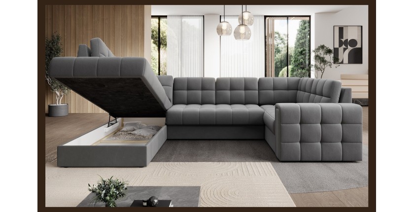 Canapé d’angle convertible MONTEZA gris gauche 299 cm avec coffre et couchage 