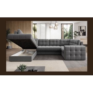Canapé d’angle convertible MONTEZA gris gauche 299 cm avec coffre et couchage 