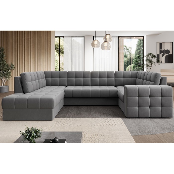 Canapé d’angle convertible MONTEZA gris gauche 299 cm avec coffre et couchage 