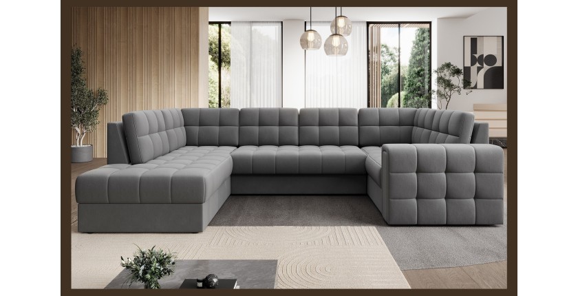 Canapé d’angle convertible MONTEZA gris gauche 299 cm avec coffre et couchage 