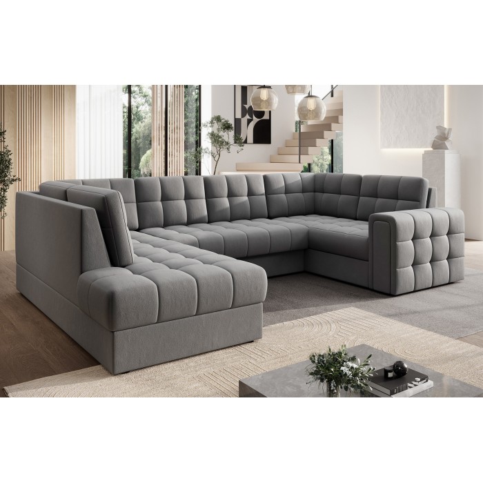 Canapé d’angle convertible MONTEZA gris gauche 299 cm avec coffre et couchage 