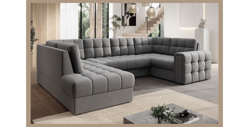 Canapé d’angle convertible MONTEZA gris gauche 299 cm avec coffre et couchage 