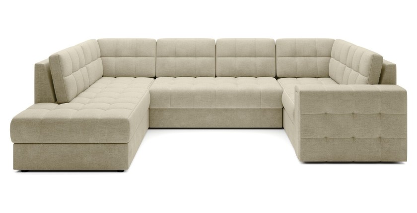 Canapé d’angle convertible MONTEZA beige gauche 299 cm avec coffre et couchage 