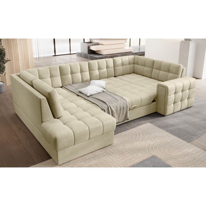Canapé d’angle convertible MONTEZA beige gauche 299 cm avec coffre et couchage 
