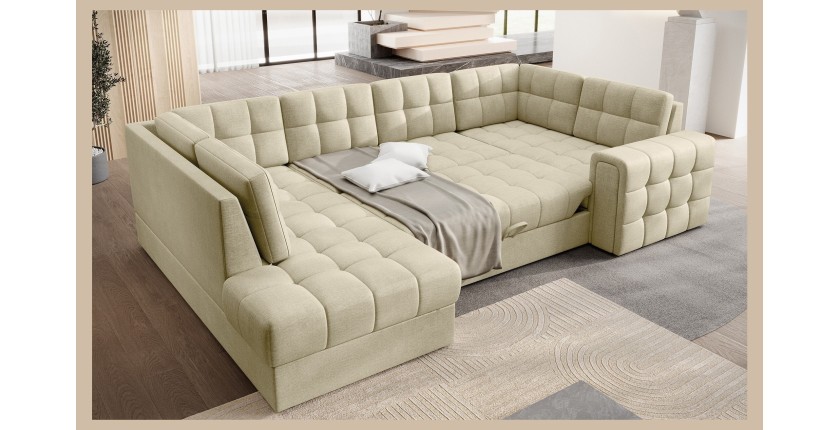Canapé d’angle convertible MONTEZA beige gauche 299 cm avec coffre et couchage 