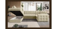 Canapé d’angle convertible MONTEZA beige gauche 299 cm avec coffre et couchage 