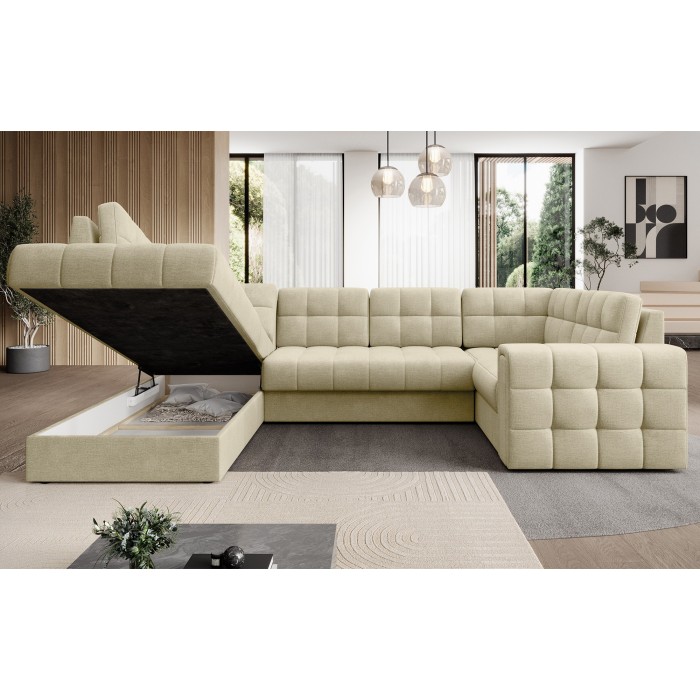 Canapé d’angle convertible MONTEZA beige gauche 299 cm avec coffre et couchage 
