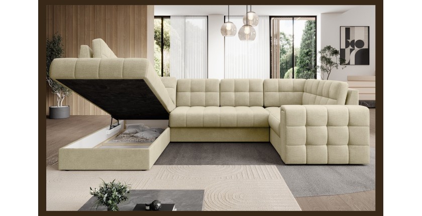 Canapé d’angle convertible MONTEZA beige gauche 299 cm avec coffre et couchage 
