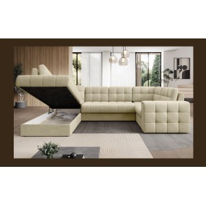 Canapé d’angle convertible MONTEZA beige gauche 299 cm avec coffre et couchage 