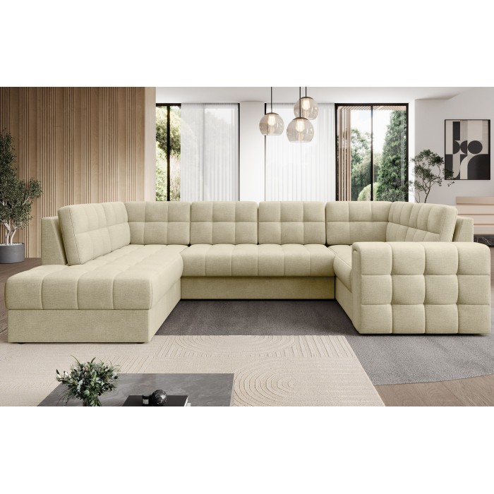 Canapé d’angle convertible MONTEZA beige gauche 299 cm avec coffre et couchage 