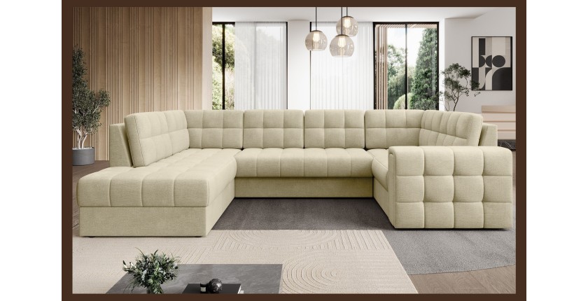 Canapé d’angle convertible MONTEZA beige gauche 299 cm avec coffre et couchage 
