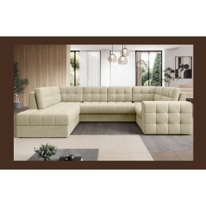 Canapé d’angle convertible MONTEZA beige gauche 299 cm avec coffre et couchage 