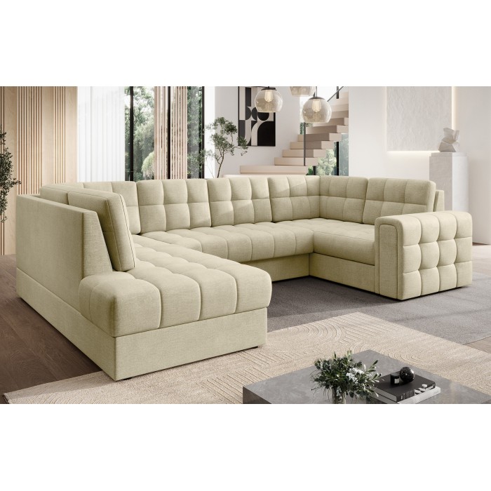 Canapé d’angle convertible MONTEZA beige gauche 299 cm avec coffre et couchage 