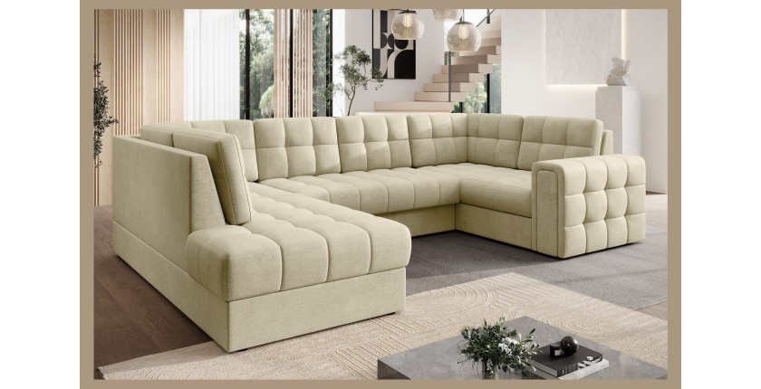 Canapé d’angle convertible MONTEZA beige gauche 299 cm avec coffre et couchage 