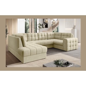 Canapé d’angle convertible MONTEZA beige gauche 299 cm avec coffre et couchage 