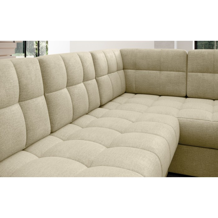 Canapé d’angle convertible MONTEZA beige gauche 299 cm avec coffre et couchage 