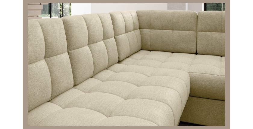 Canapé d’angle convertible MONTEZA beige gauche 299 cm avec coffre et couchage 