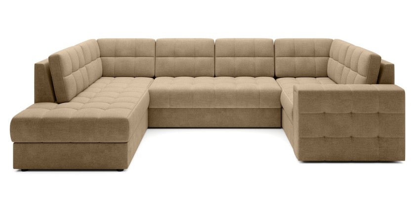 Canapé d’angle convertible MONTEZA marron clair gauche 299 cm avec coffre et couchage 