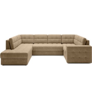 Canapé d’angle convertible MONTEZA marron clair gauche 299 cm avec coffre et couchage 