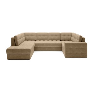 Canapé d’angle convertible MONTEZA marron clair gauche 299 cm avec coffre et couchage 