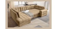 Canapé d’angle convertible MONTEZA marron clair gauche 299 cm avec coffre et couchage 