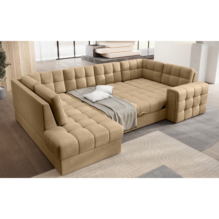 Canapé d’angle convertible MONTEZA marron clair gauche 299 cm avec coffre et couchage 