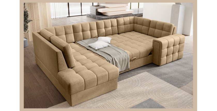 Canapé d’angle convertible MONTEZA marron clair gauche 299 cm avec coffre et couchage 