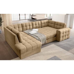 Canapé d’angle convertible MONTEZA marron clair gauche 299 cm avec coffre et couchage 