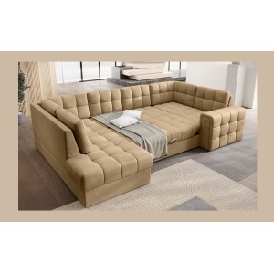 Canapé d’angle convertible MONTEZA marron clair gauche 299 cm avec coffre et couchage 