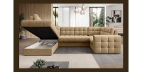 Canapé d’angle convertible MONTEZA marron clair gauche 299 cm avec coffre et couchage 