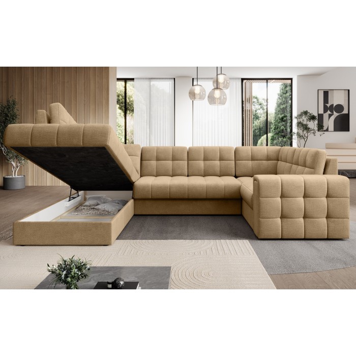 Canapé d’angle convertible MONTEZA marron clair gauche 299 cm avec coffre et couchage 
