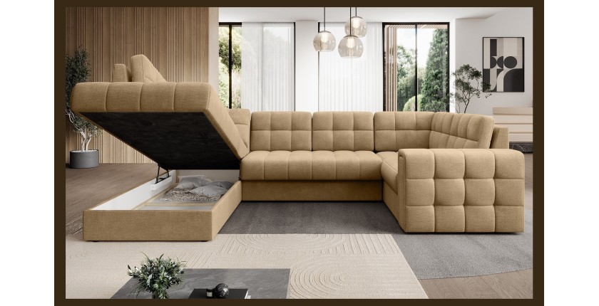 Canapé d’angle convertible MONTEZA marron clair gauche 299 cm avec coffre et couchage 