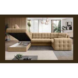 Canapé d’angle convertible MONTEZA marron clair gauche 299 cm avec coffre et couchage 