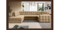 Canapé d’angle convertible MONTEZA marron clair gauche 299 cm avec coffre et couchage 