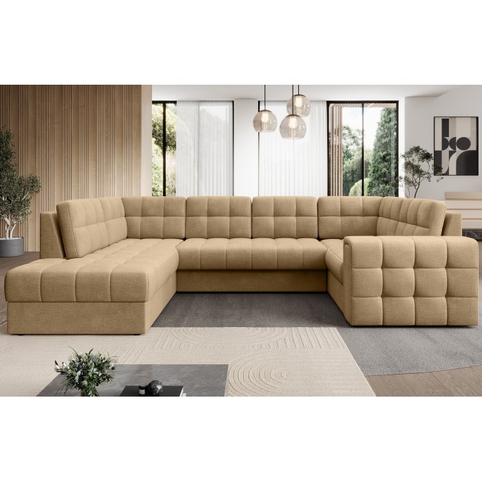 Canapé d’angle convertible MONTEZA marron clair gauche 299 cm avec coffre et couchage 