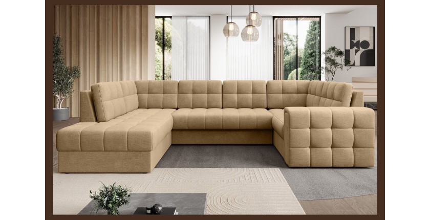Canapé d’angle convertible MONTEZA marron clair gauche 299 cm avec coffre et couchage 