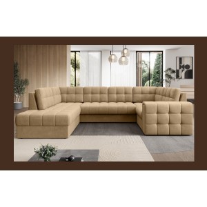 Canapé d’angle convertible MONTEZA marron clair gauche 299 cm avec coffre et couchage 