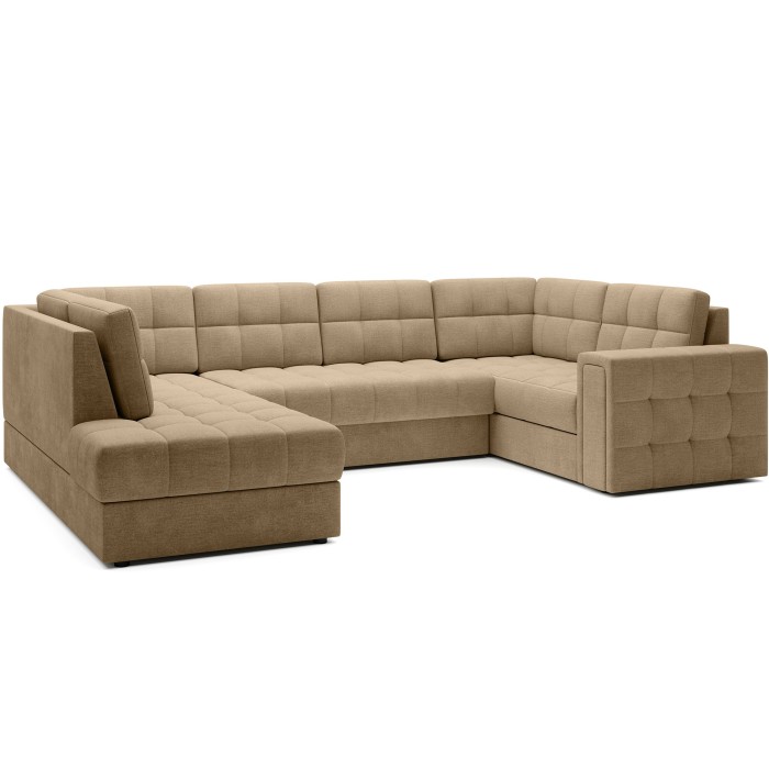 Canapé d’angle convertible MONTEZA marron clair gauche 299 cm avec coffre et couchage 