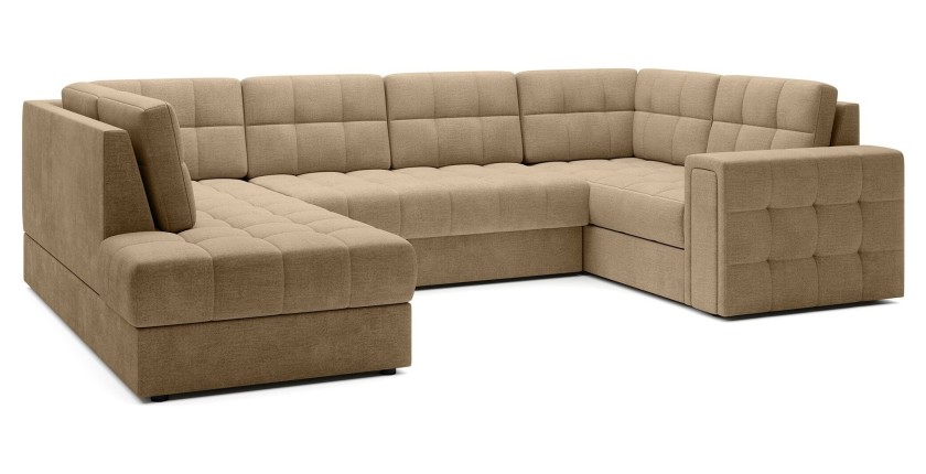 Canapé d’angle convertible MONTEZA marron clair gauche 299 cm avec coffre et couchage 