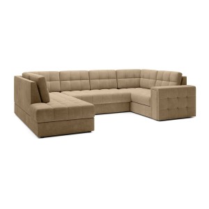 Canapé d’angle convertible MONTEZA marron clair gauche 299 cm avec coffre et couchage 