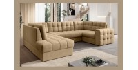 Canapé d’angle convertible MONTEZA marron clair gauche 299 cm avec coffre et couchage 