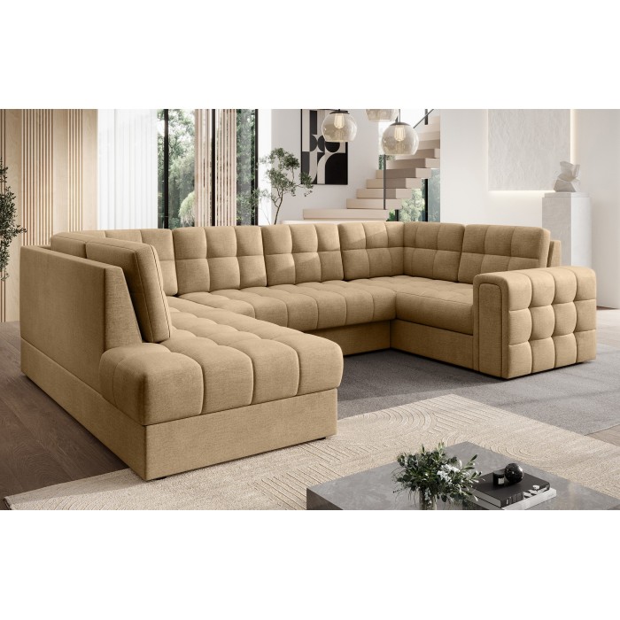 Canapé d’angle convertible MONTEZA marron clair gauche 299 cm avec coffre et couchage 